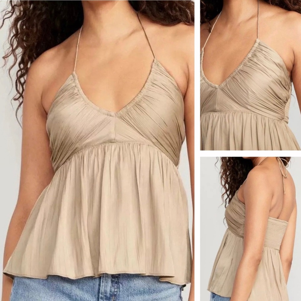 OLD NAVY Shirred Satin Halter Top XS Champagne Boho Y2K Fairycore Holiday Party